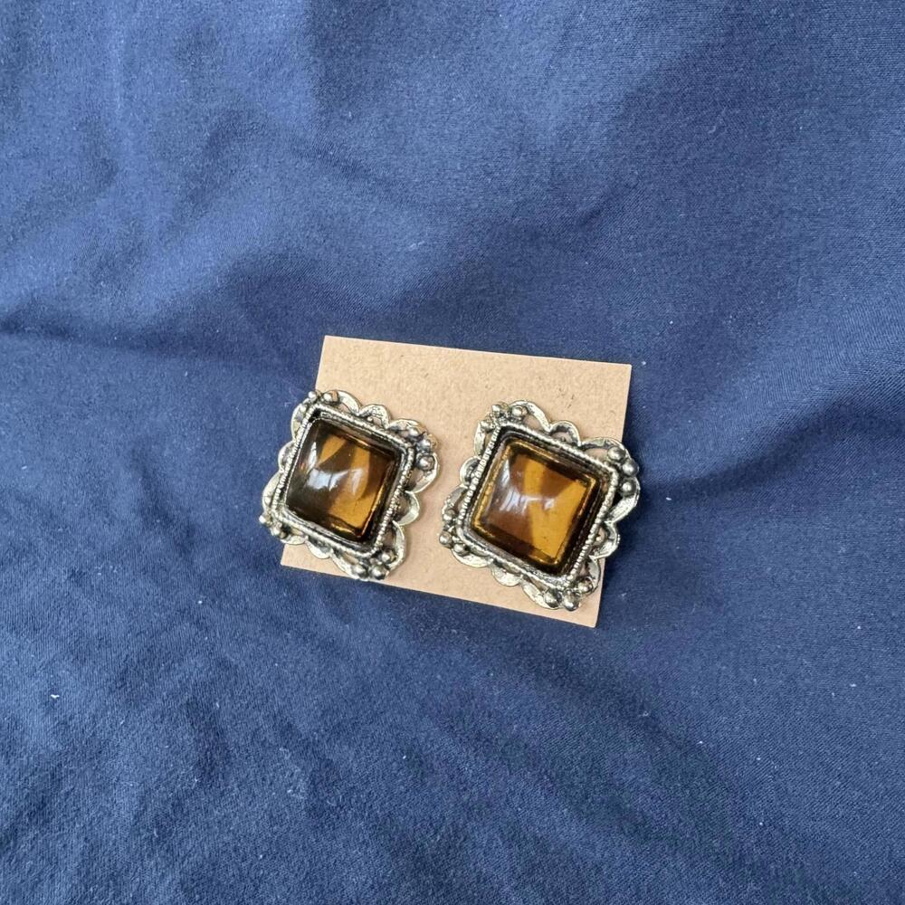 Vintage 1950's Chunky Thermoset Tortoise‎ Brown Earrings Clip On Brown Amber